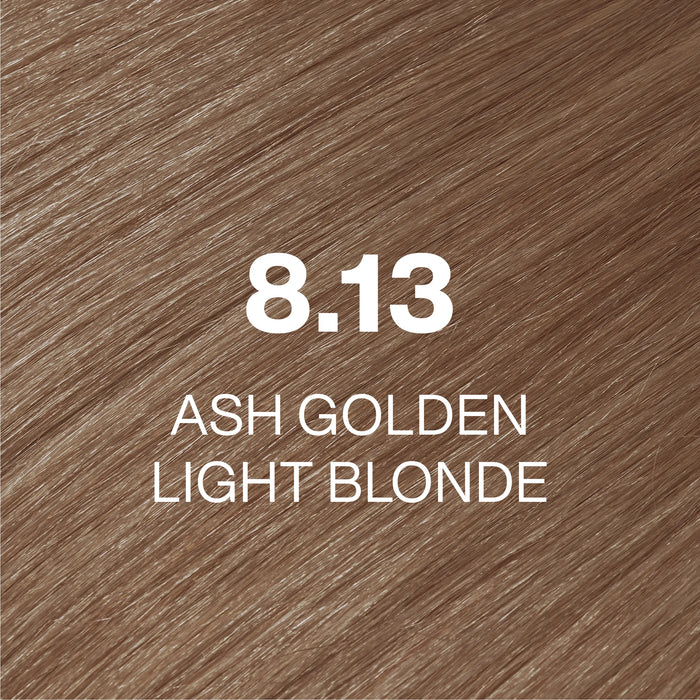 GK Hair Juvexin Cream Color 8.13 Ash Golden Light Blonde hair color swatch, warm beige-blonde hair texture, code printed on it