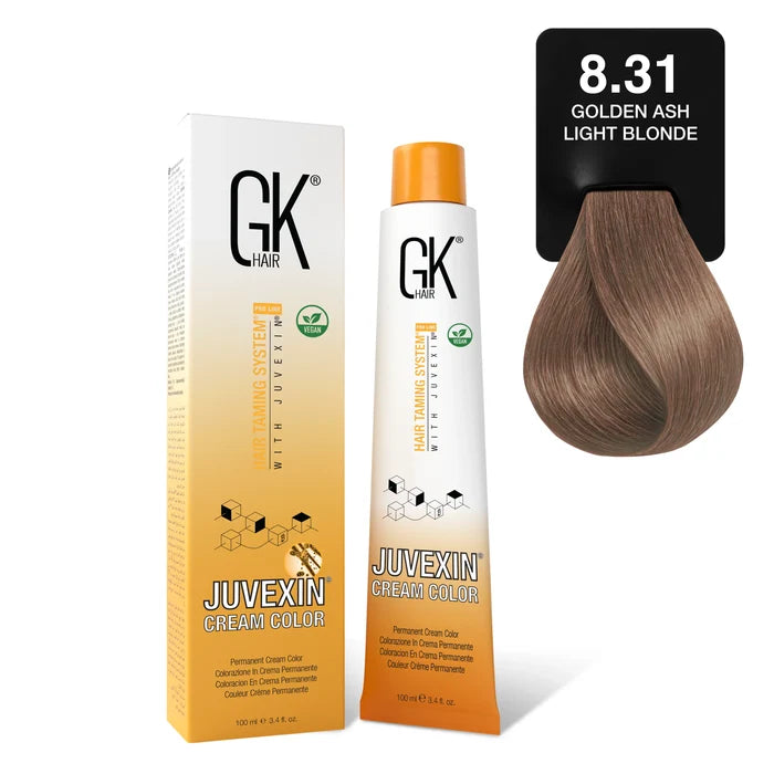 GK Hair Juvexin Cream Color carton and 100 ml tube beside a card printing 8.31 Golden Ash Light Blonde above a taupe-brown swatch