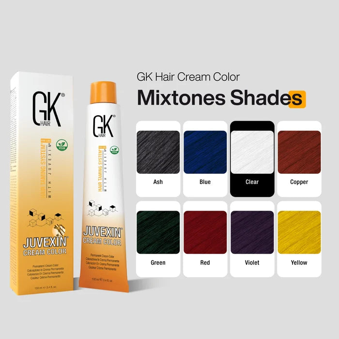 GK Hair Juvexin Cream Color pack with Mixtones Shades chart: Ash, Blue, Clear, Copper, Green, Red, Violet and Yellow