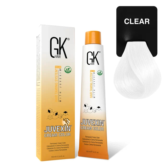 GK Hair Juvexin Cream Color Mixtones Clear carton and 100 ml tube beside a colorless white hair swatch