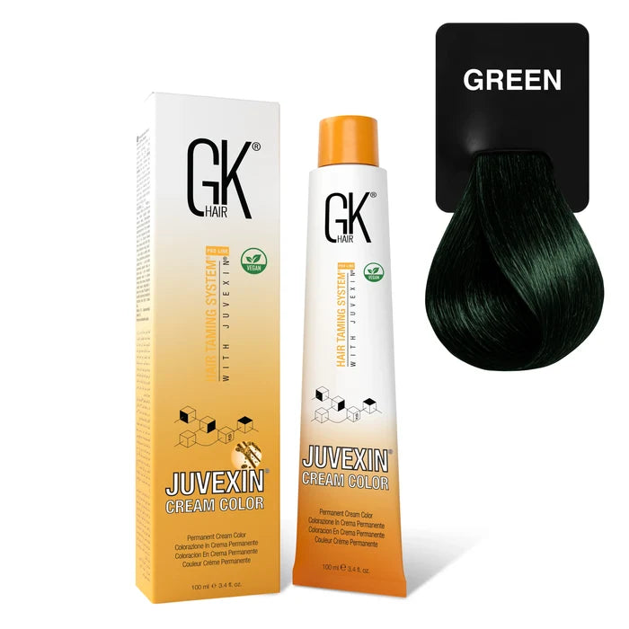 GK Hair Juvexin Cream Color Mixtones Green carton and 100 ml tube beside a very dark forest-green hair swatch