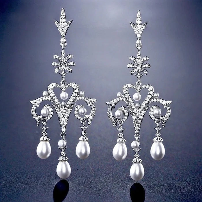 "Kacy" - Pearl and Cubic Zirconia Bridal Earrings
