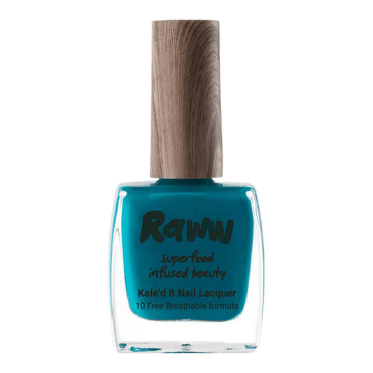Bottle of non-toxic, aqua green nail polish with kale protein infusion.