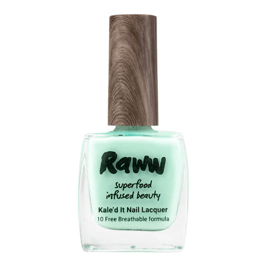 Bottle of non-toxic, mint green nail polish with kale protein infusion.