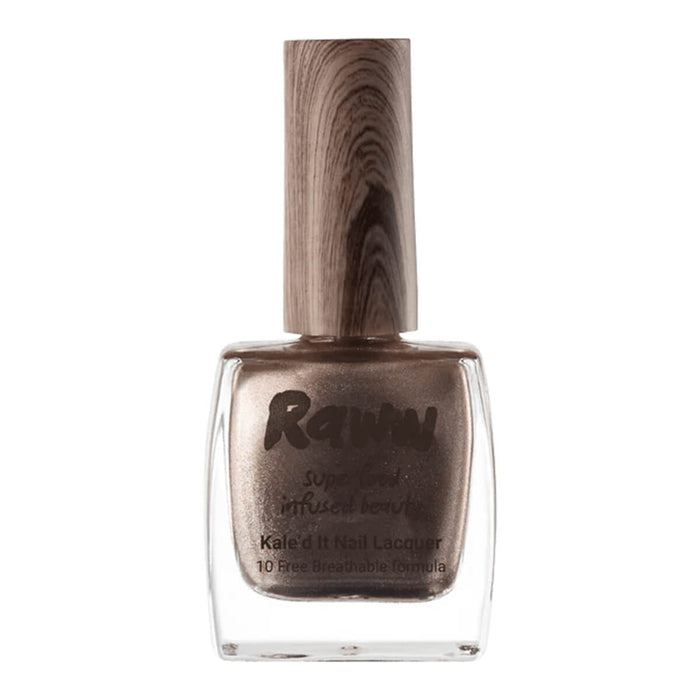 Bottle of non-toxic, gold shimmer nail polish with kale protein infusion.
