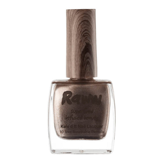 Bottle of non-toxic, gold shimmer nail polish with kale protein infusion.