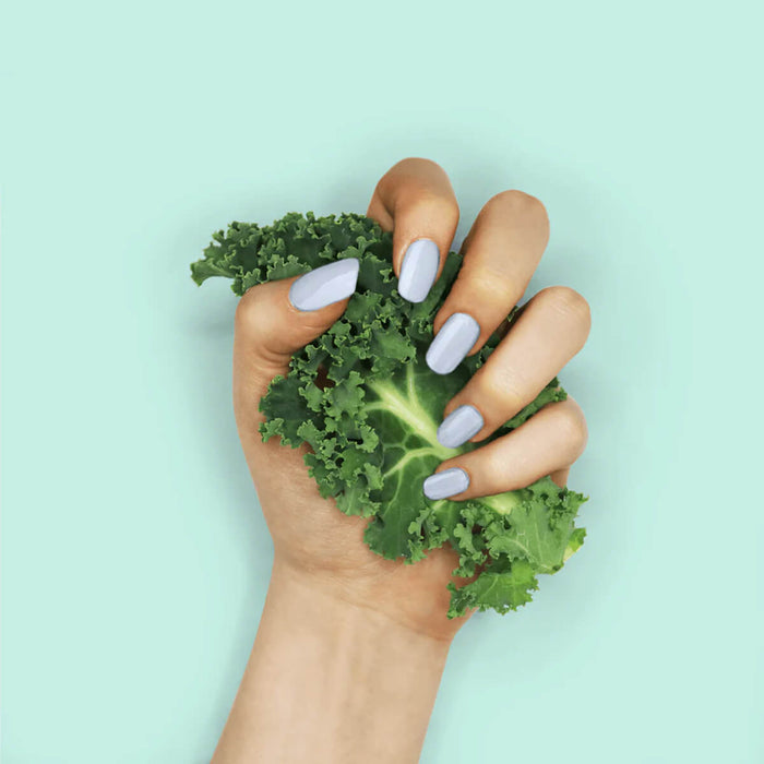 Nails painted with non-toxic, baby blue nail polish with kale protein infusion.