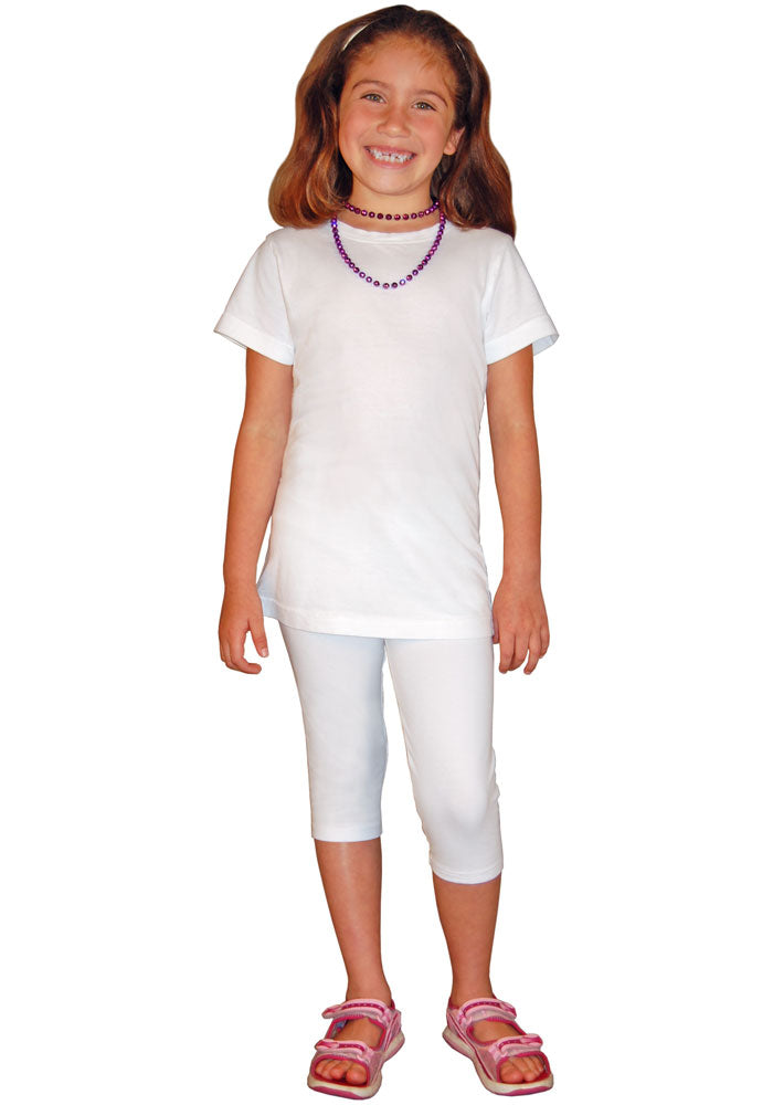 A child wearing white capri-length leggings and a white t-shirt.