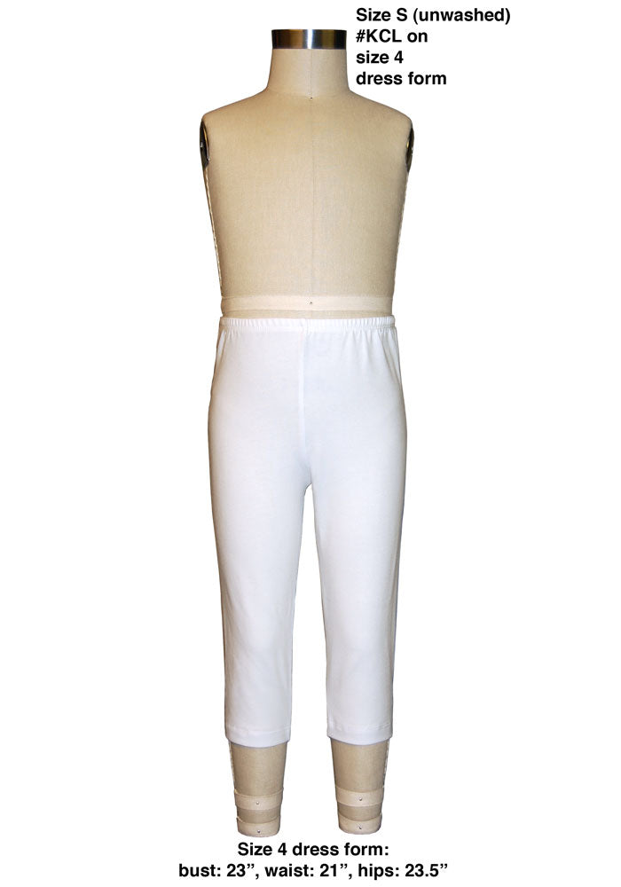 White capri-length leggings on a mannequin on a white background.
