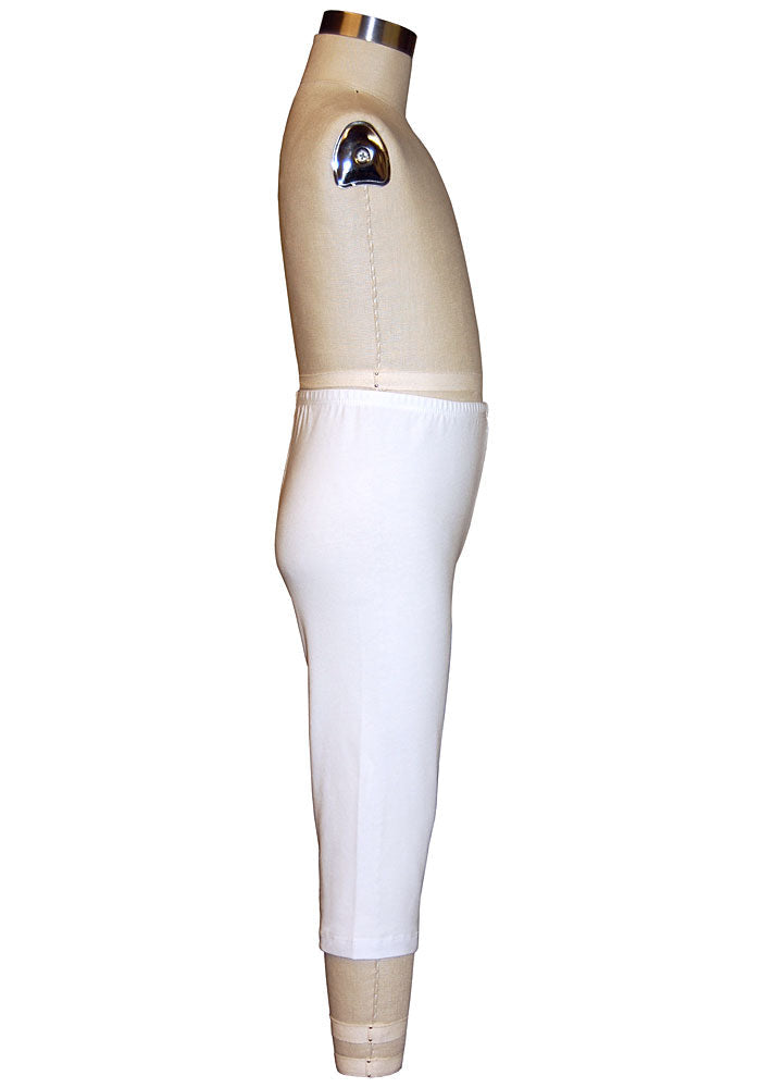 White capri-length leggings on a mannequin on a white background.