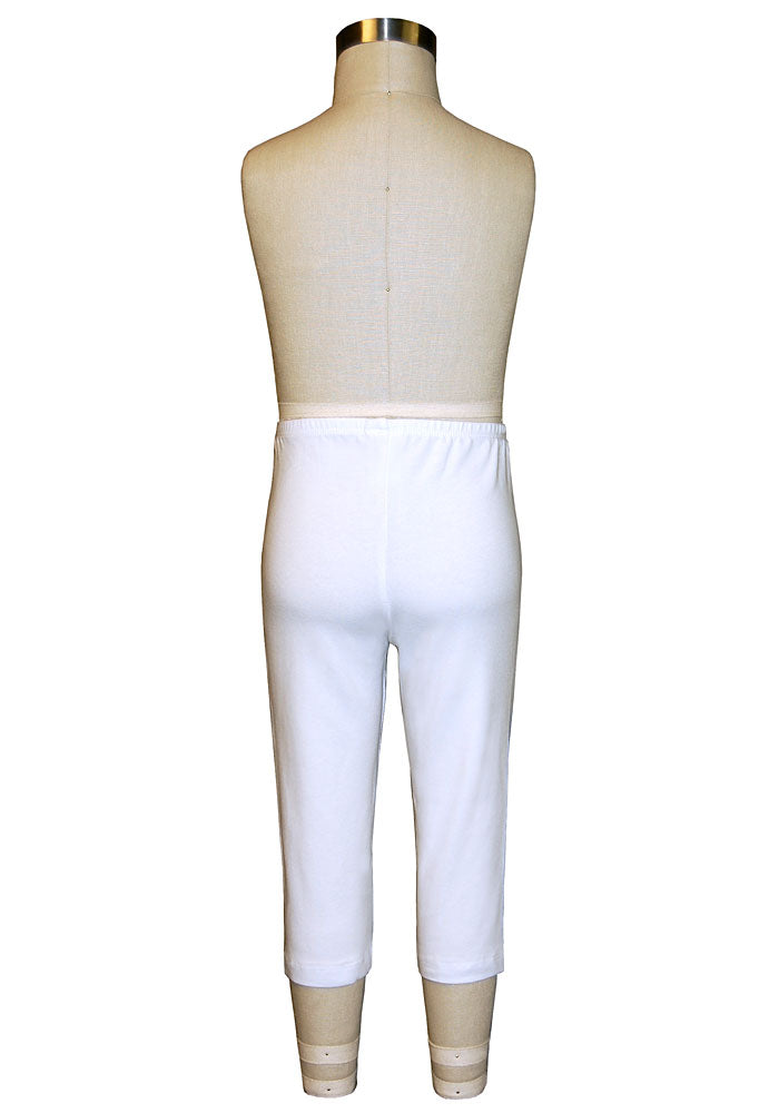 White capri-length leggings on a mannequin on a white background.