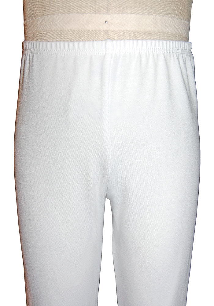 Close up of white capri-length leggings on a mannequin on a white background.