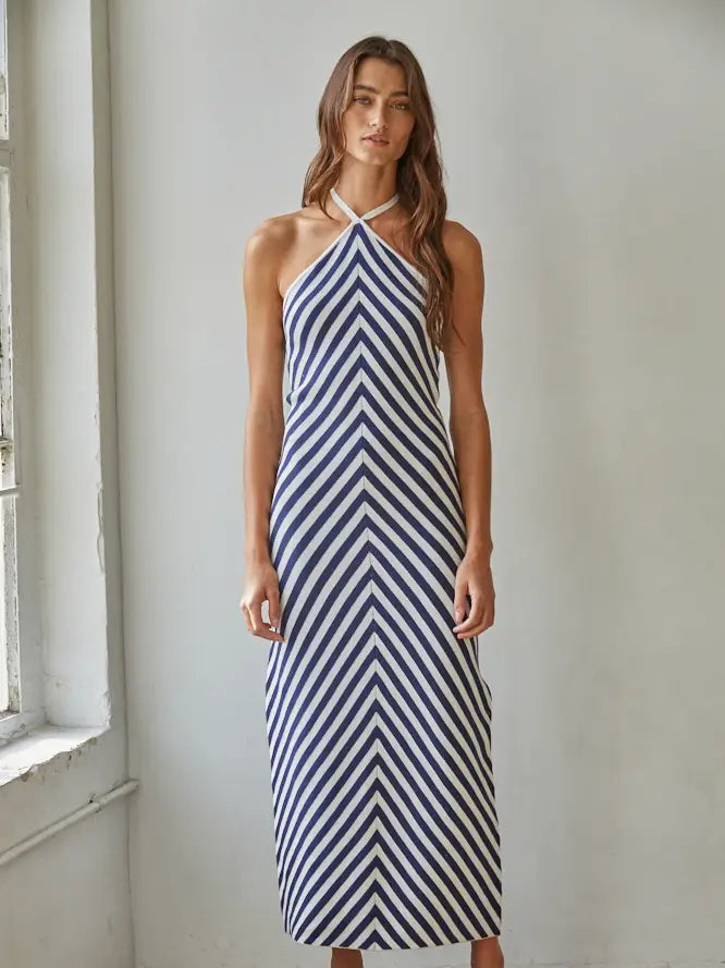 Knit Sweater Striped Halter Neck Maxi Dress
