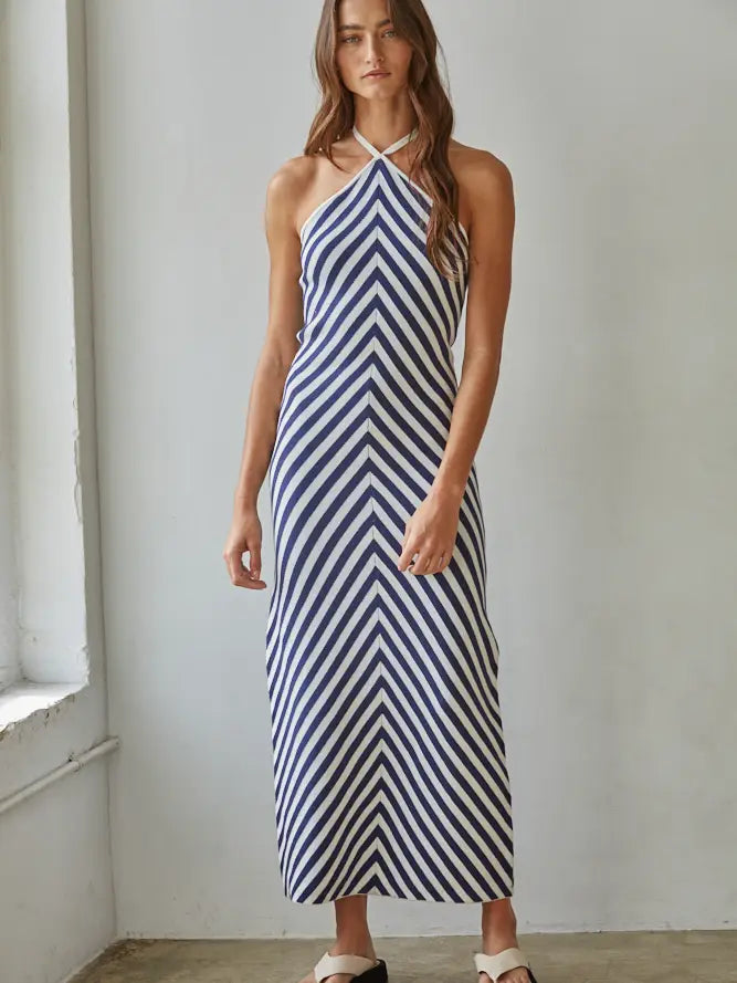 Knit Sweater Striped Halter Neck Maxi Dress