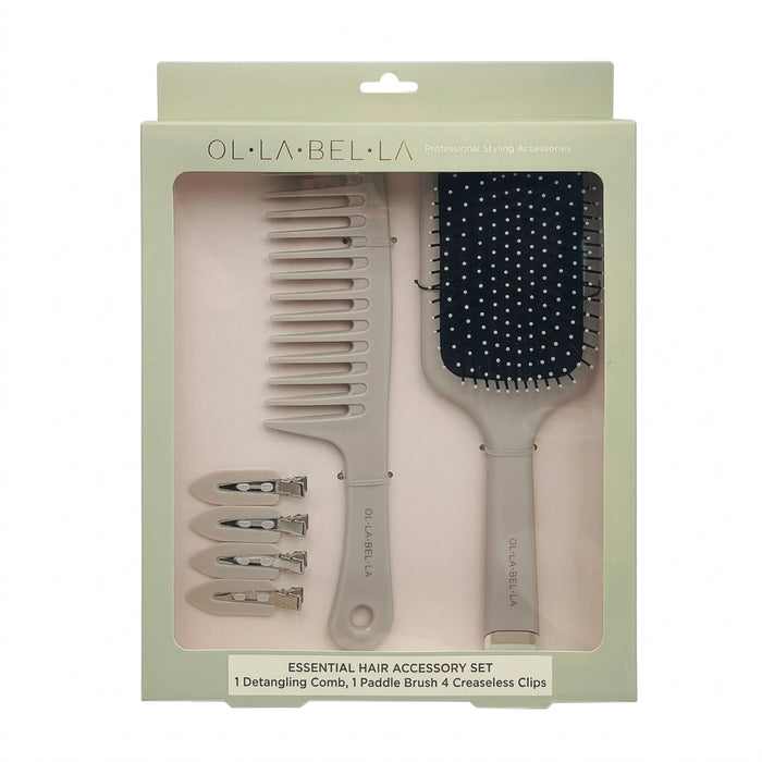 The Olla Bella Knot Today Detangling Brush Kit in its original packaging, containing a detangle brush, paddle brush, and four creaseless sectioning clips in a light sage green box.