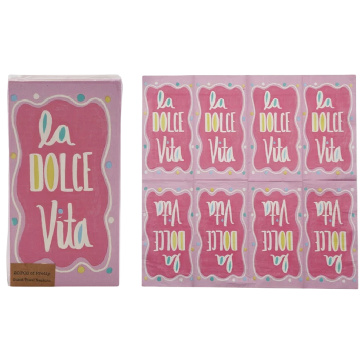 Packaging of 'La Dolce Vita' with pink and white design on a white background