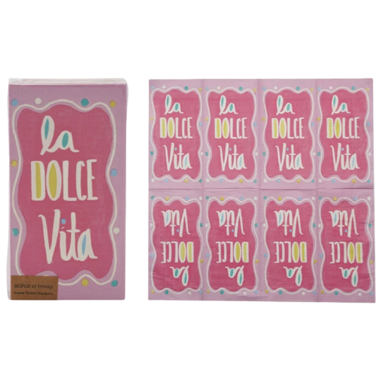 Packaging of 'La Dolce Vita' with pink and white design on a white background