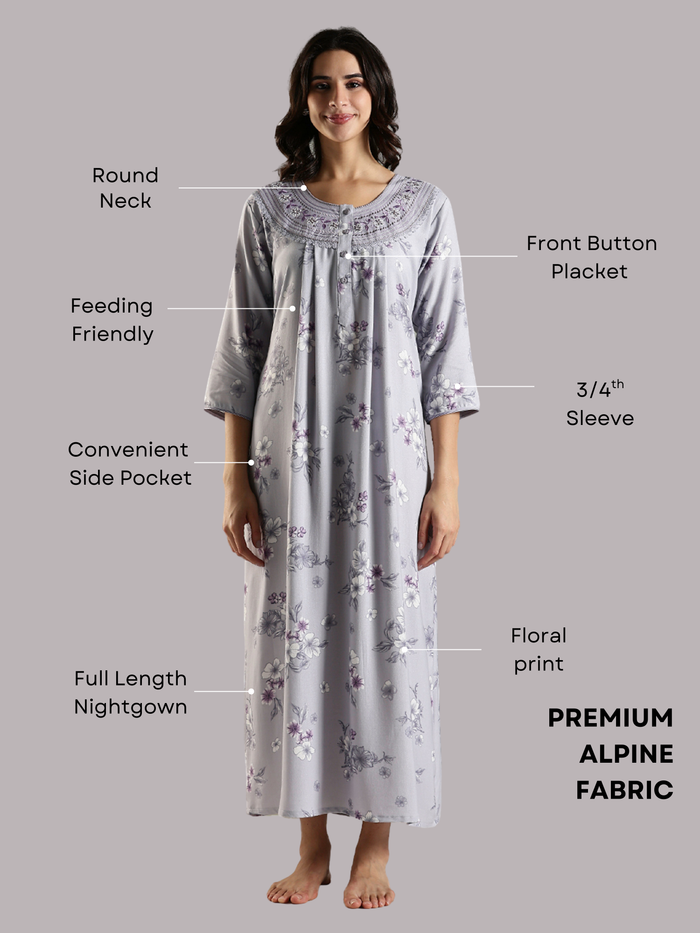 Lavender Blush Alpine Embroidered Floral Nighty with Pocket