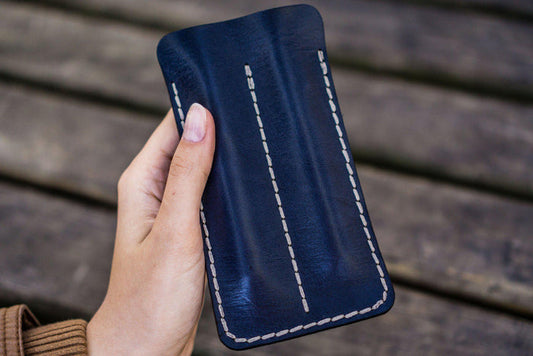 Leather Double Fountain Pen Case / Pen Sleeve - Navy Blue