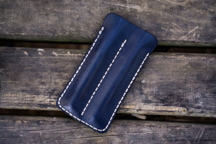 Leather Double Fountain Pen Case / Pen Sleeve - Navy Blue