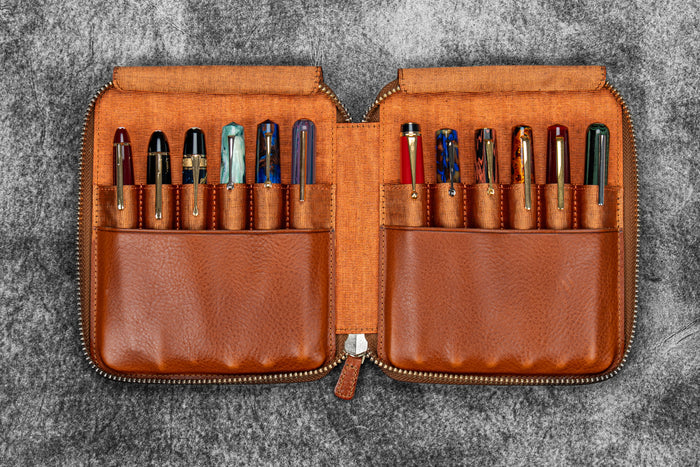Legacy Leather Zip Pen Case For 12 Pens - A6 - Deep Cognac
