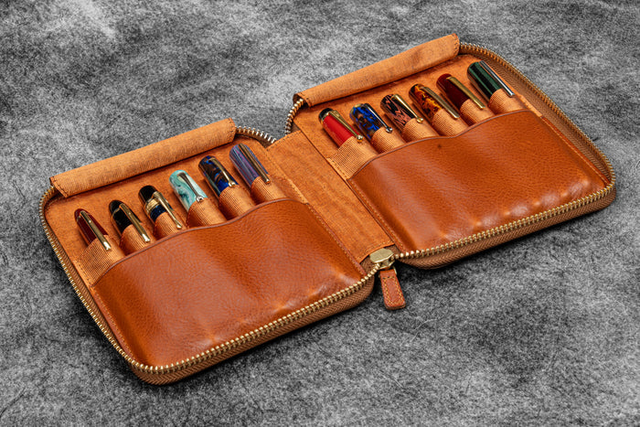 Legacy Leather Zip Pen Case For 12 Pens - A6 - Deep Cognac