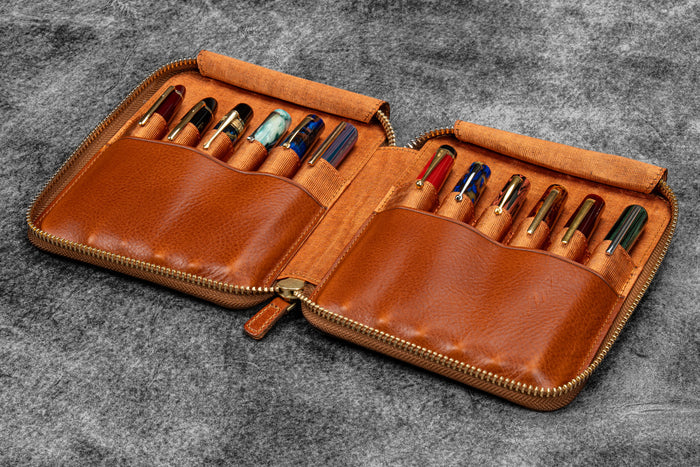 Legacy Leather Zip Pen Case For 12 Pens - A6 - Deep Cognac