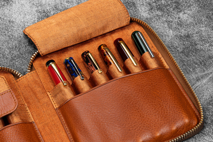 Legacy Leather Zip Pen Case For 12 Pens - A6 - Deep Cognac