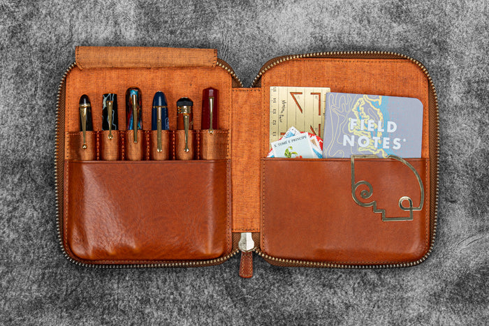 Legacy Leather Zip Pen Case For 6 Pens - A6 - Deep Cognac