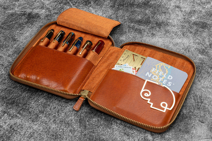 Legacy Leather Zip Pen Case For 6 Pens - A6 - Deep Cognac