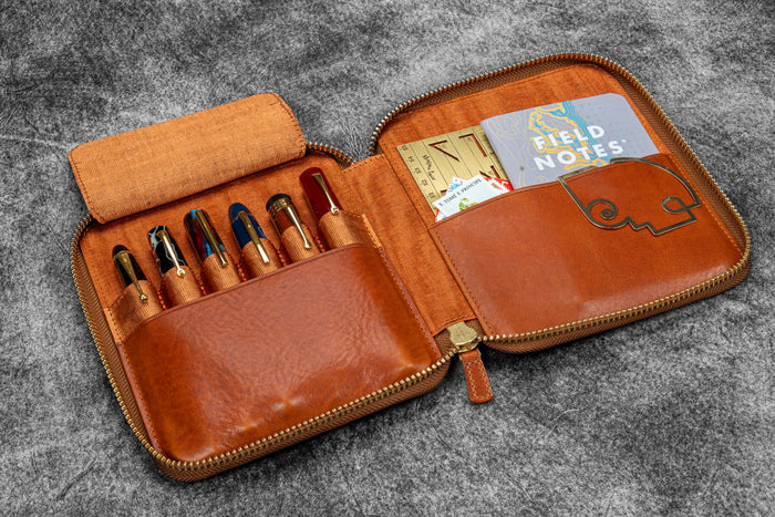 Legacy Leather Zip Pen Case For 6 Pens - A6 - Deep Cognac