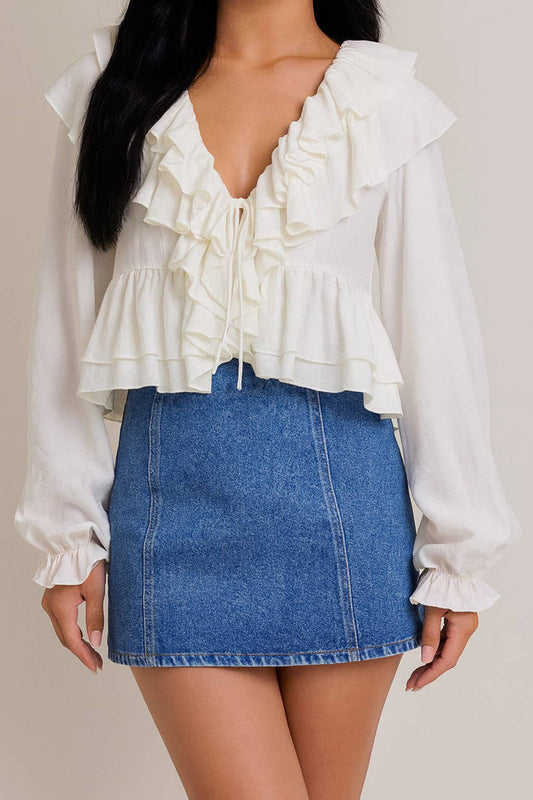 Long Sleeve V-Neck Ruffle Detail Crop Blouse