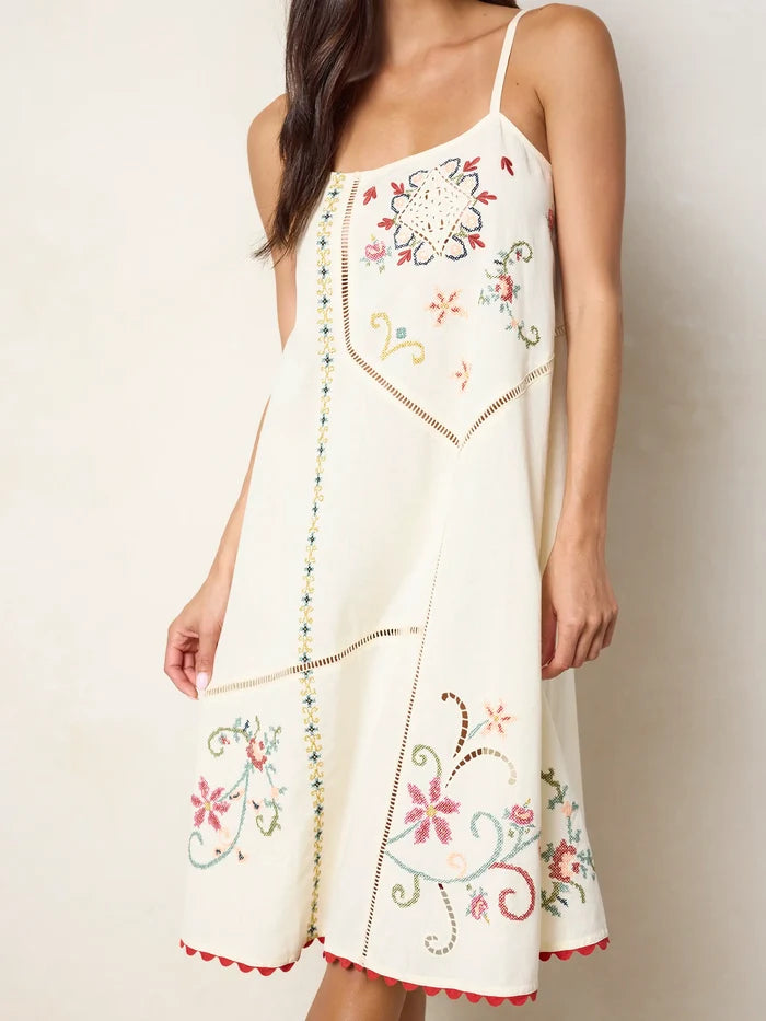Loren Embroidered Midi Dress - Ivory-view 2