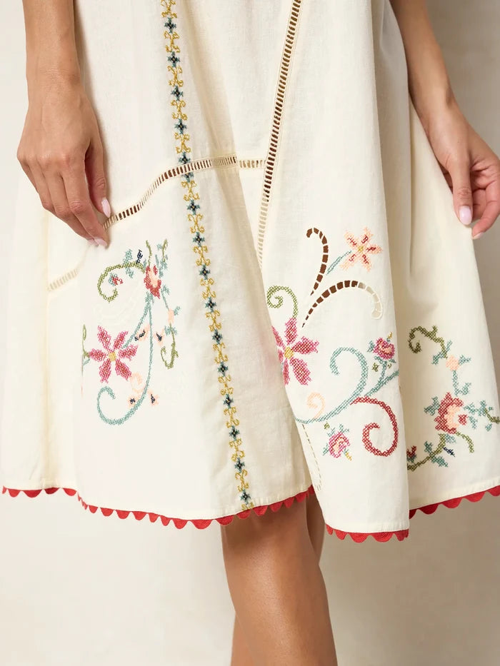 Loren Embroidered Midi Dress - Ivory-view 8