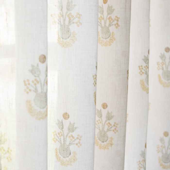 Lucie Chamomile sheer curtains with soft floral print in muted tones, made-to-order, short lead times, manufactured in the USA quality