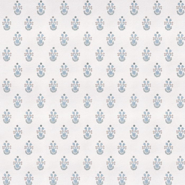 Lucie Cornflower fabric with delicate blue floral prints on crisp white, made-to-order, short lead times, USA quality craftsmanship