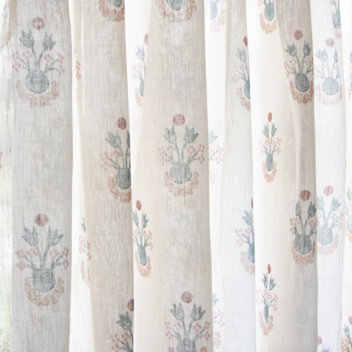 Lucie Harbor sheer curtains with soft floral motifs in muted blues and rust, made-to-order, short lead times, made in the USA quality