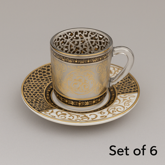 Luxury Arabic Coffee Cup & Saucer Set – White Gold (Set of 6)