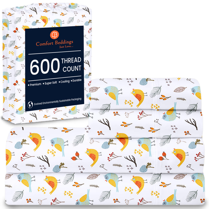 Luxury Printed Paradise Forest Birds Sheet Set 100% Egyptian Cotton