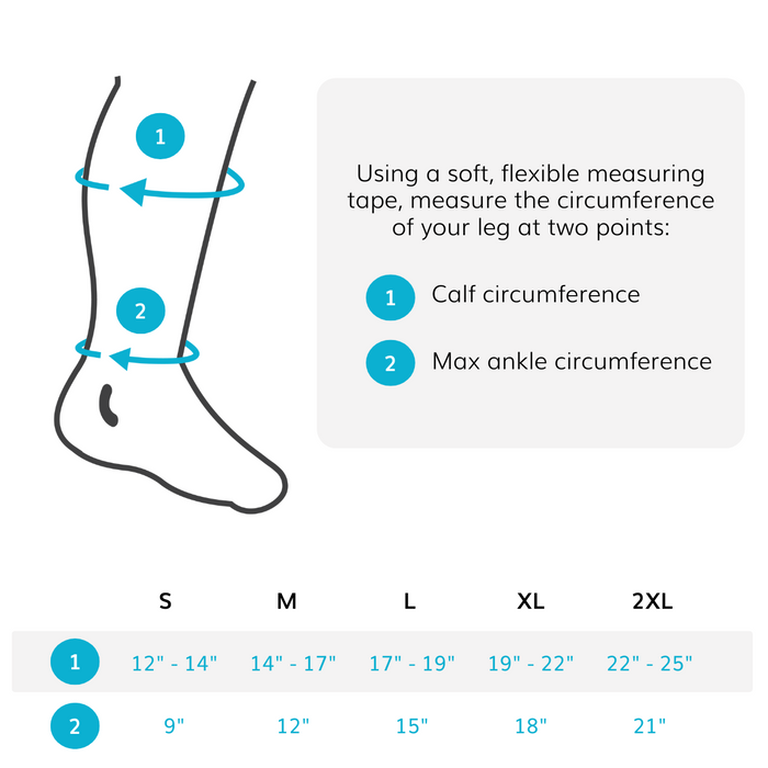 Sizing chart for the BraceAbility Lymphedema Wrap comes in sizes small through plus size XX-Large