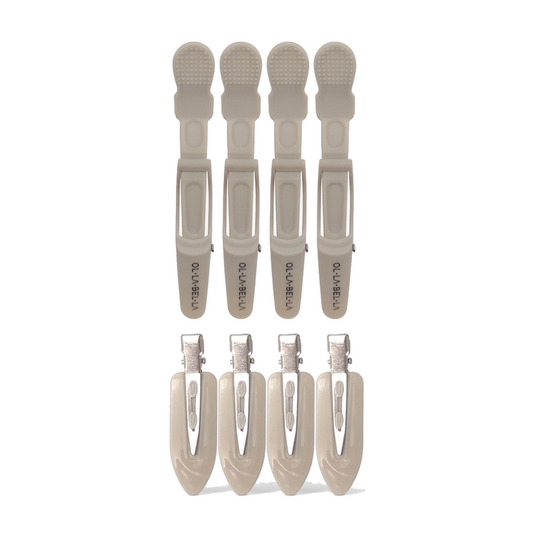 The Olla Bella Mane Master Hair Clip Set. Four Olla Bella Crocodile Clips and four Olla Bella Creaseless Clips, arranged in two rows of two on a white background.