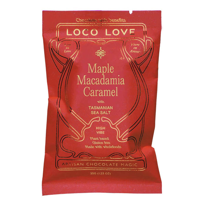 Red packaging of Loco Love Maple Macadamia Caramel with Tasmanian Sea Salt on a white background.