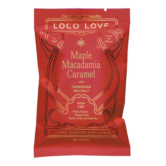 Red packaging of Loco Love Maple Macadamia Caramel with Tasmanian Sea Salt on a white background.