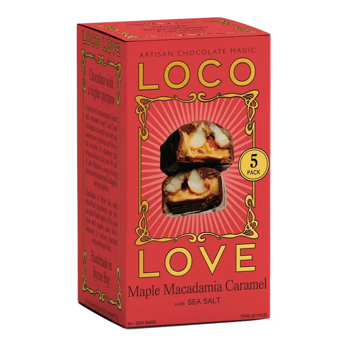 Red box of Loco Love Maple Macadamia Caramel with gold text on a white background. 5 pack