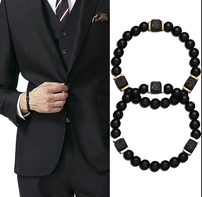 Matte Black Onyx Cubic Lava Stone Beaded Stretch Bracelet