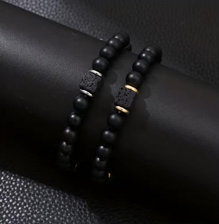 Matte Black Onyx Cubic Lava Stone Beaded Stretch Bracelet