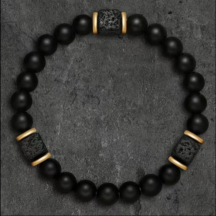 Matte Black Onyx Cubic Lava Stone Beaded Stretch Bracelet