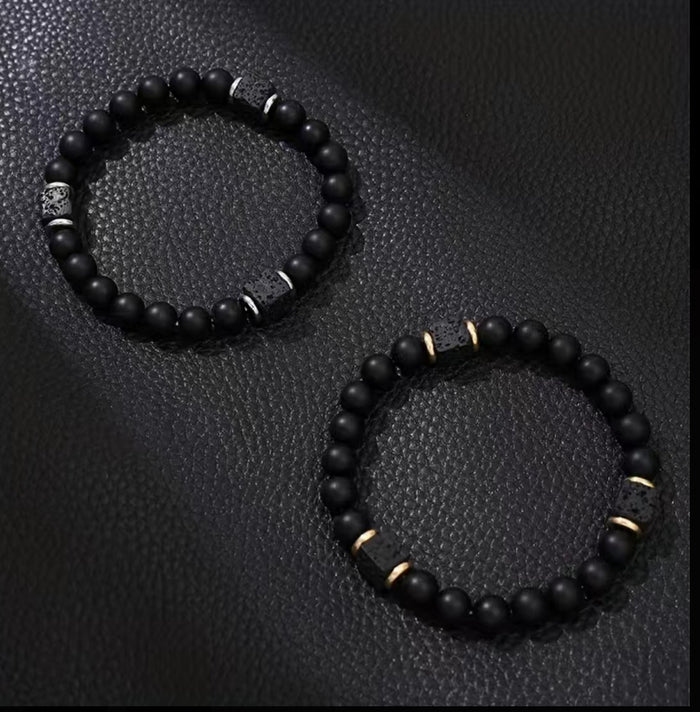 Matte Black Onyx Cubic Lava Stone Beaded Stretch Bracelet