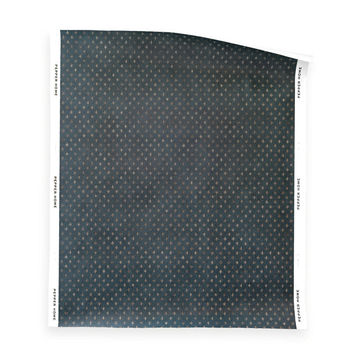 Maude Midnight wallpaper in dark blue with subtle gold motifs, made to order in the USA with short lead times