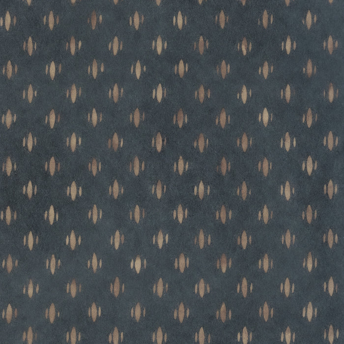 Maude Midnight wallpaper in a dark blue pattern with warm tan motifs, made to order in the USA with short lead times